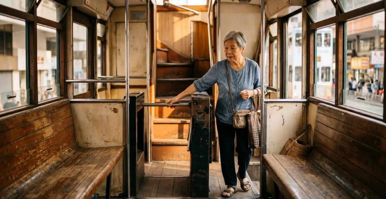 Interior perspective of Hong Kong tram showing rear boarding turnstile and wooden seats