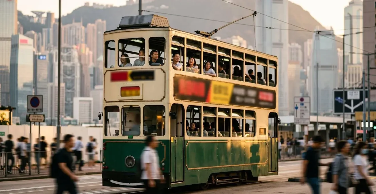 Double-decker tram traveling through Hong Kong streets with Victoria Peak in background