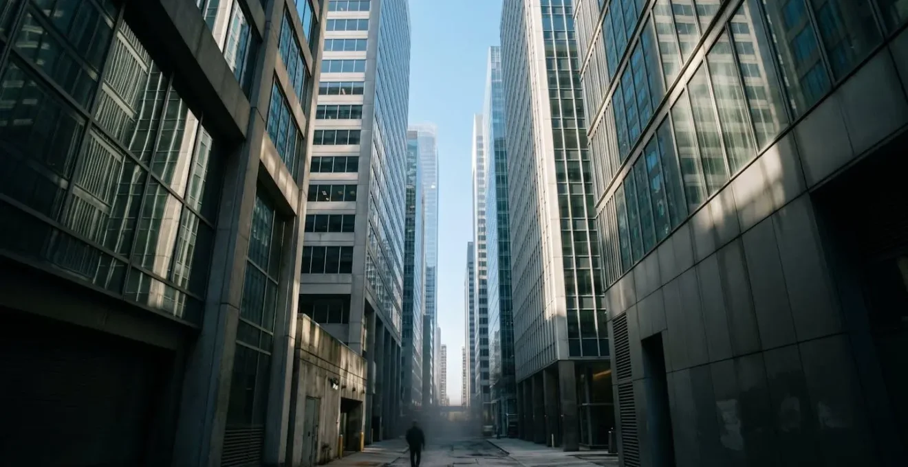 A street-level view of a Hong Kong urban canyon, showing heat shimmering between towering skyscrapers and creating a trapped heat effect.