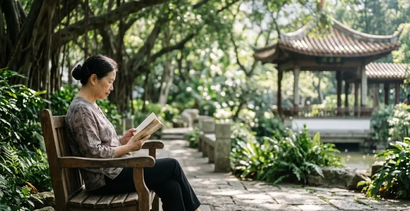 Peaceful corner of Kowloon Park with a traditional pavilion surrounded by lush greenery