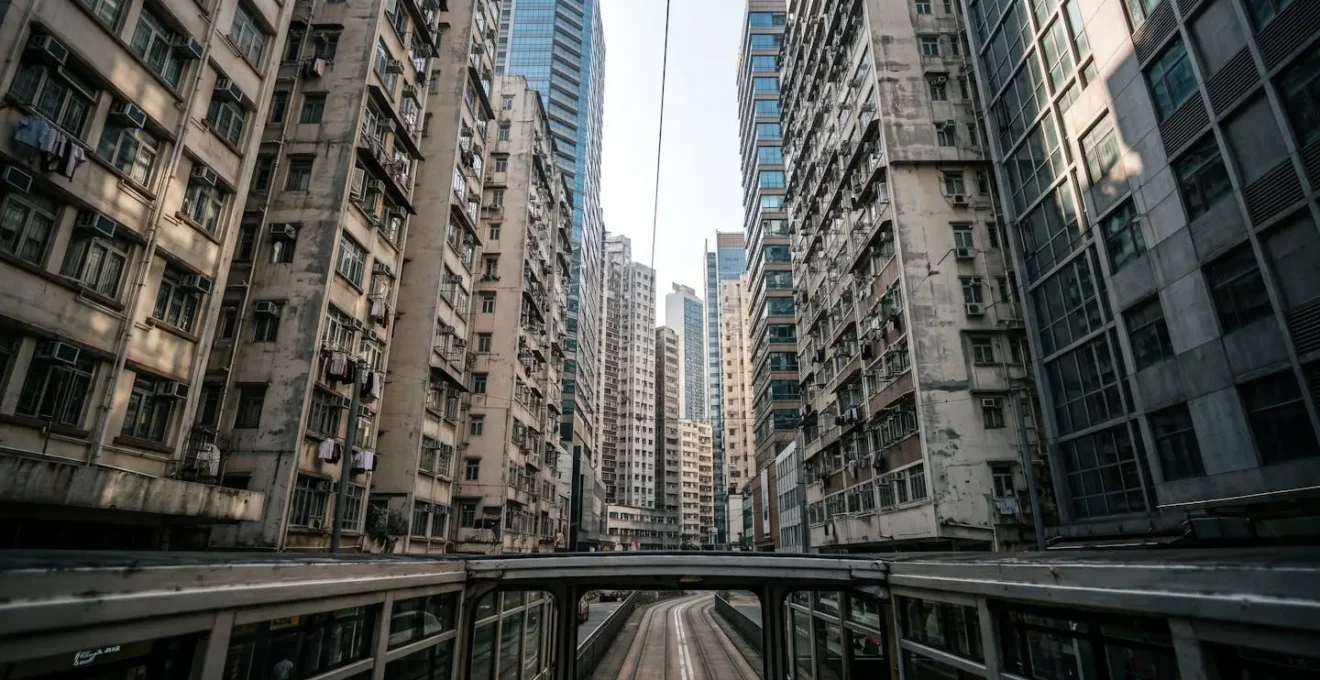 Street-level view from tram showing Hong Kong's towering residential buildings