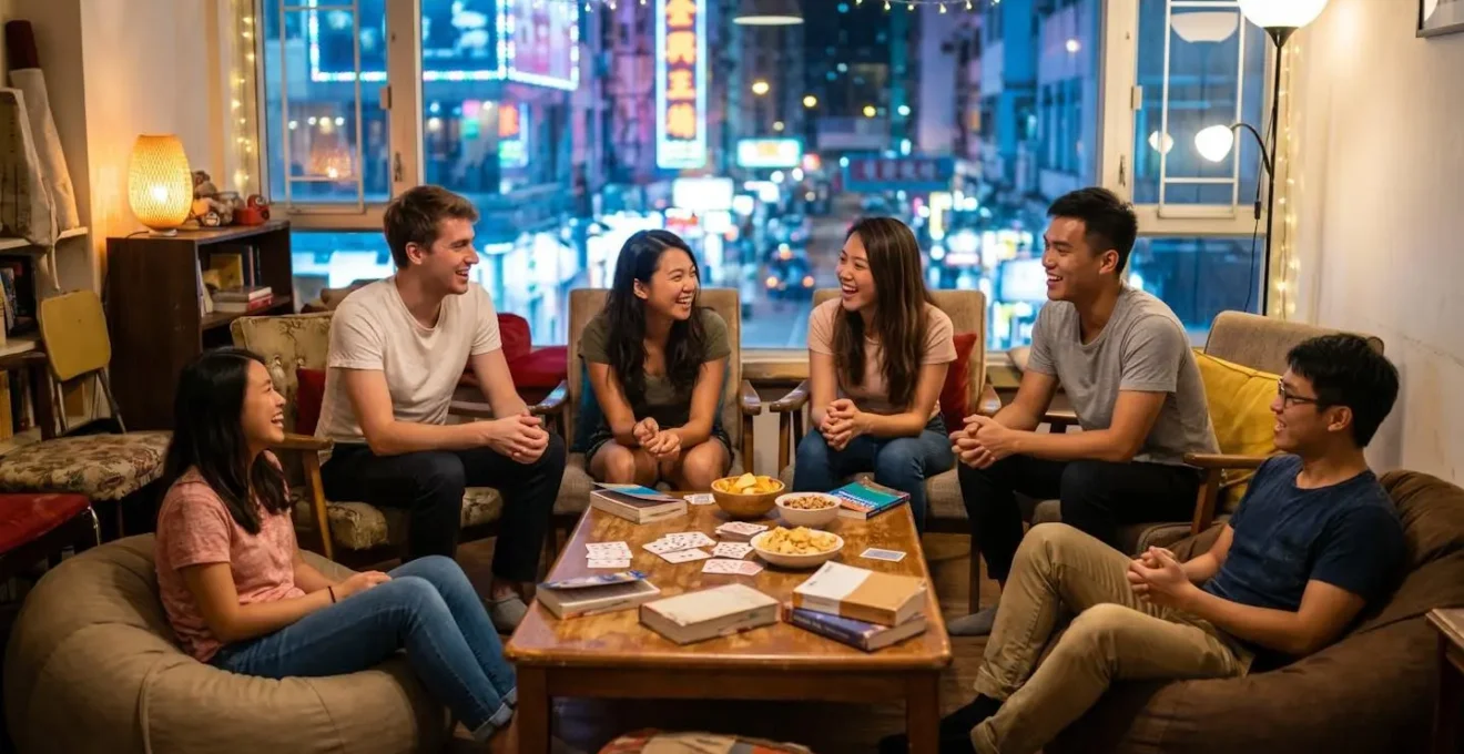 Diverse group of backpackers socializing in hostel common area with city views