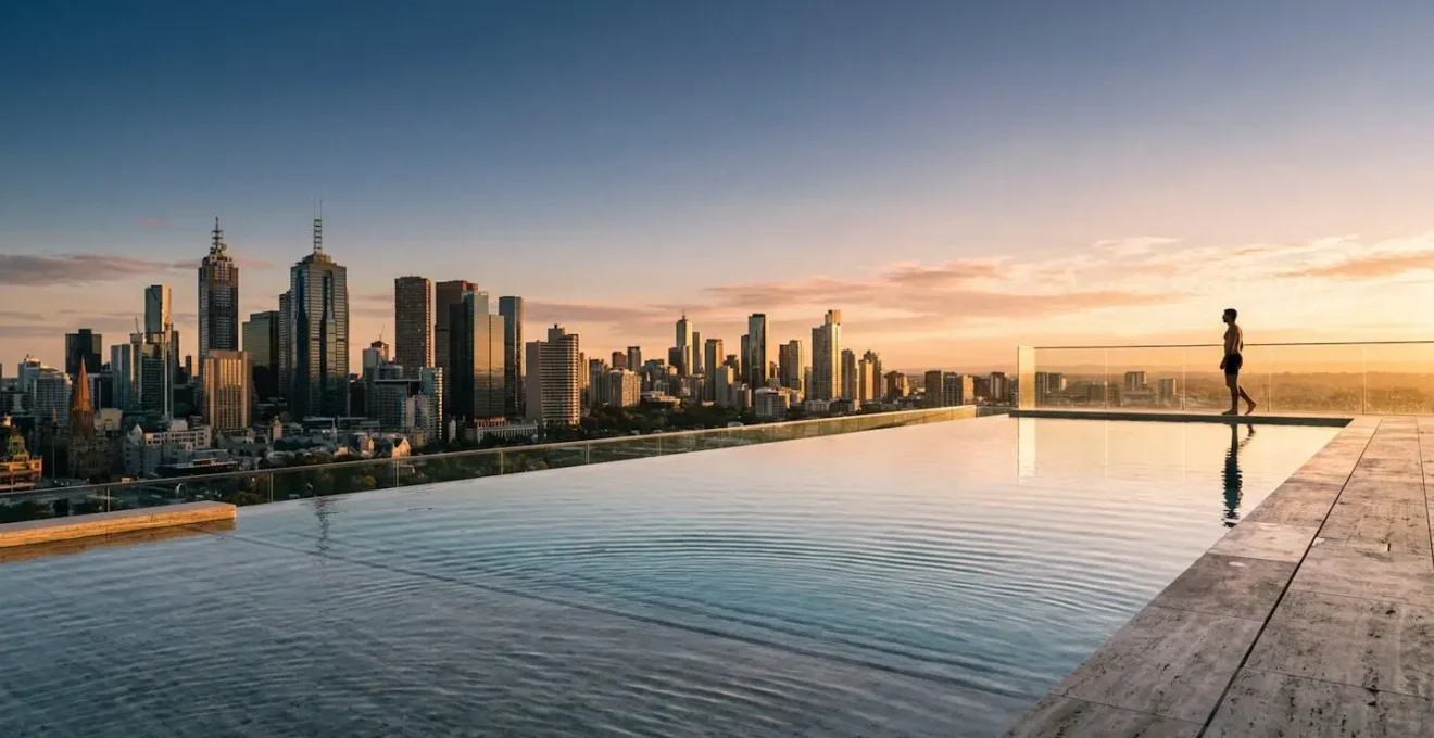 Luxury infinity pool overlooking city skyline at golden hour