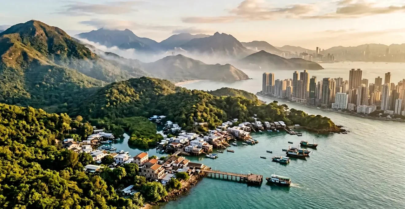 Wide aerial view of Hong Kong's rural landscape showing the contrast between lush green mountains and coastal village life, with traditional houses nestled among forested hills and a ferry boat approaching a peaceful waterfront pier
