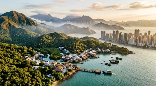 Wide aerial view of Hong Kong's rural landscape showing the contrast between lush green mountains and coastal village life, with traditional houses nestled among forested hills and a ferry boat approaching a peaceful waterfront pier