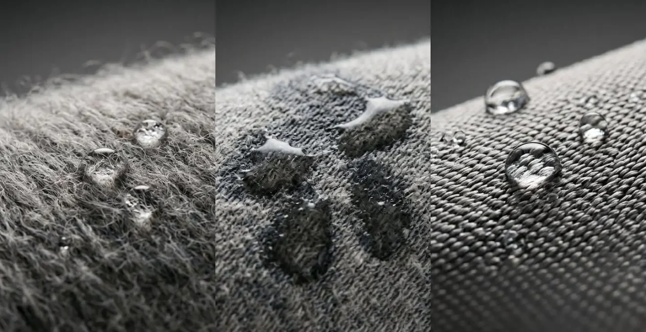 Macro comparison of fabric fibers absorbing moisture, with merino wool, cotton, and synthetic polyester showing different rates.
