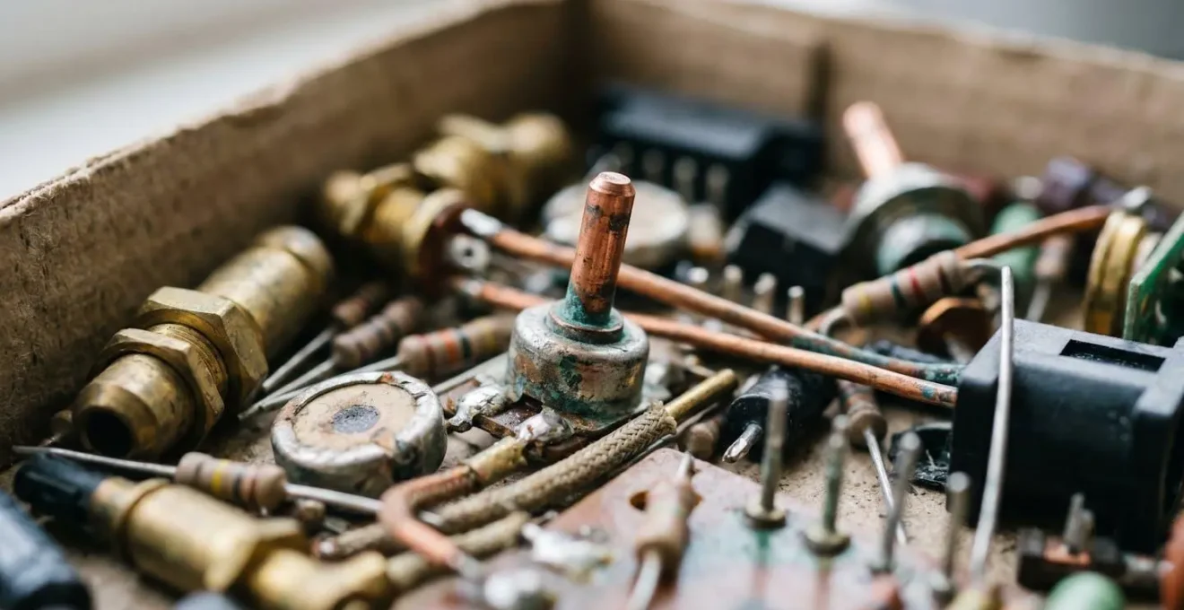 Extreme close-up of vintage electronic components and connectors in market stall