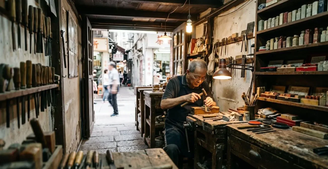 Traditional seal carving workshop on Man Wa Lane with artisan working on stone seal