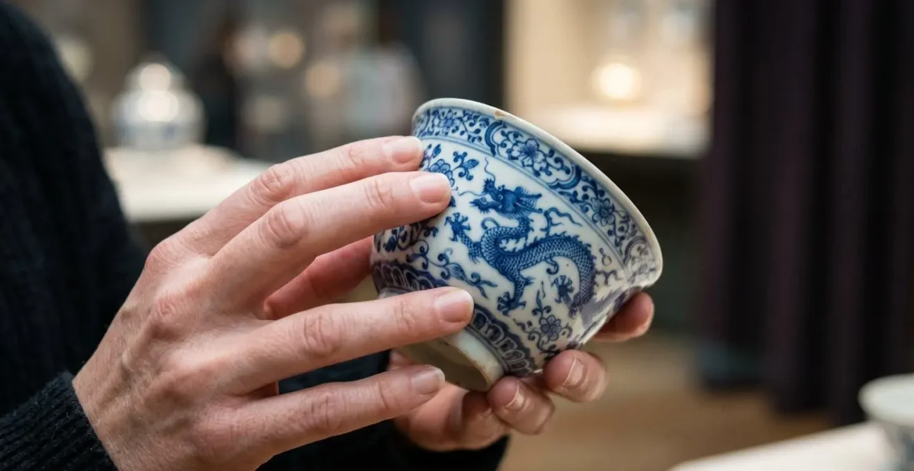 Close-up of hands examining intricate export porcelain showing East-West fusion design