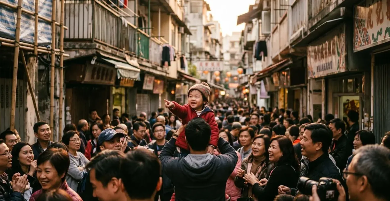 Crowds gathering in narrow Tai Hang streets at dusk waiting for the fire dragon parade