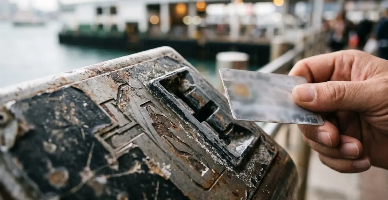 Close-up macro shot of Octopus card reader at ferry pier turnstile