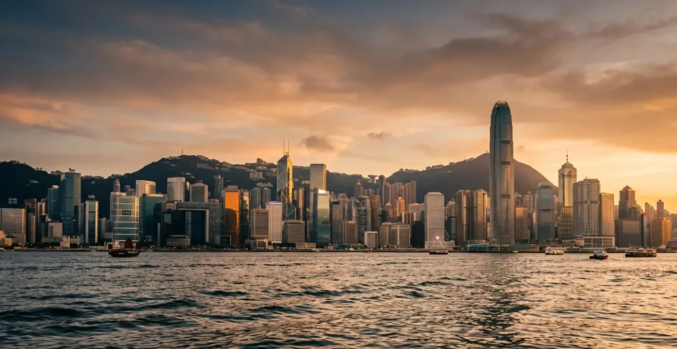 Luxurious Hong Kong harbor view with two iconic hotels reflected in the water at golden hour