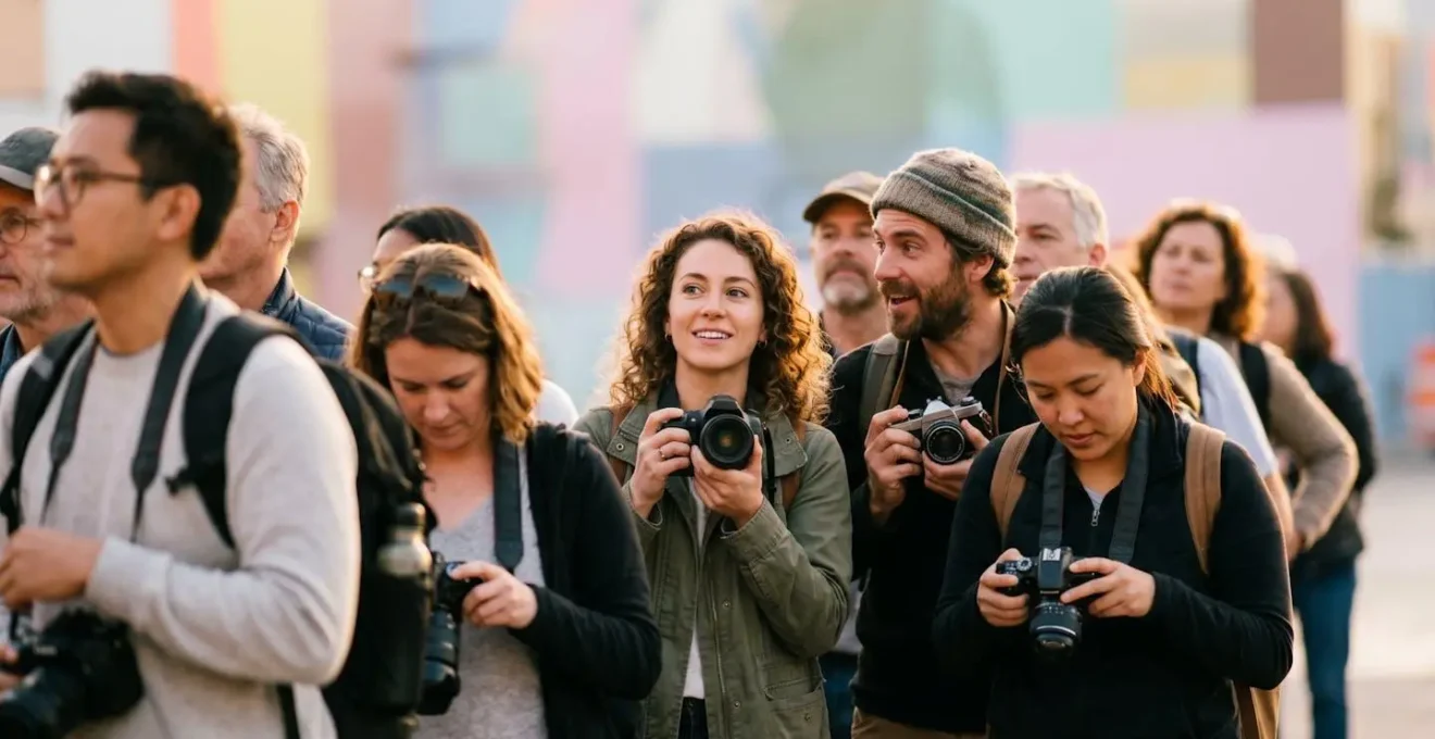 Line of photographers waiting to shoot at colorful basketball court, showing modern tourism reality