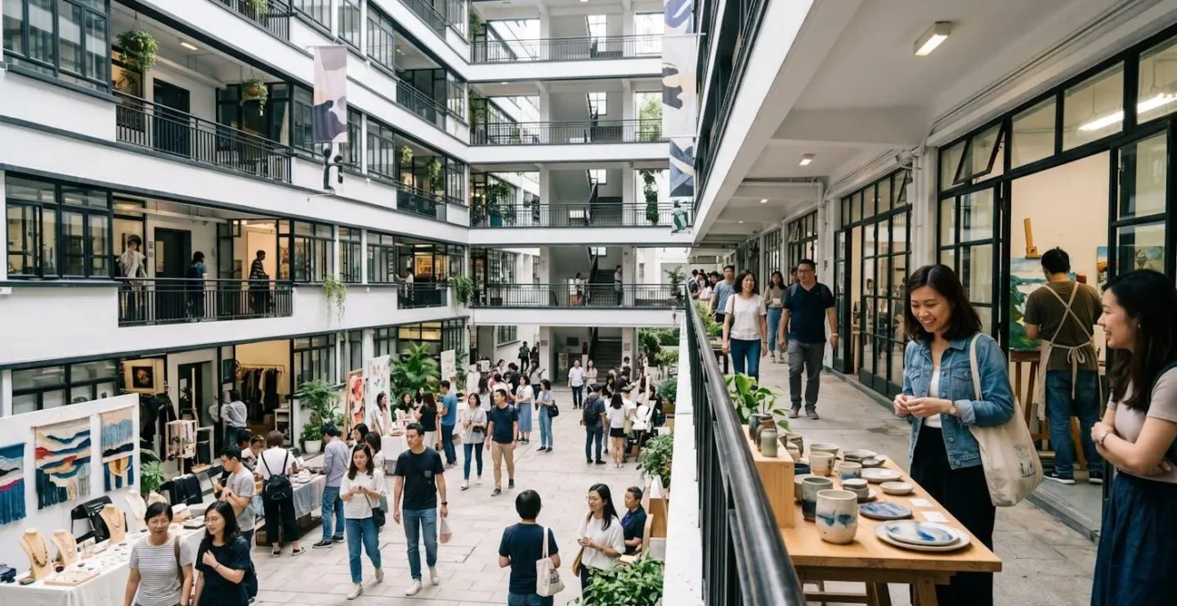 PMQ creative hub interior courtyard with multiple levels of artisan studios visible