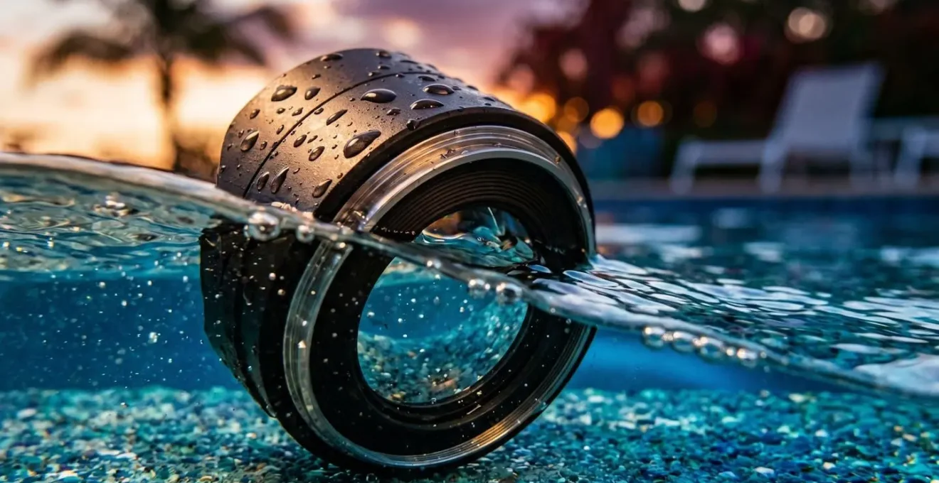 Photographer capturing water-level shot at infinity pool during golden hour