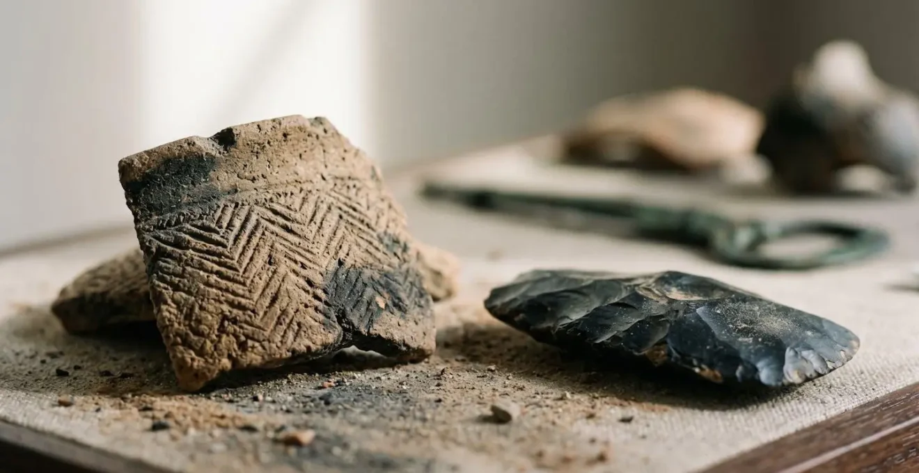 Close-up of ancient Neolithic pottery fragments and stone tools from Hong Kong's prehistoric era