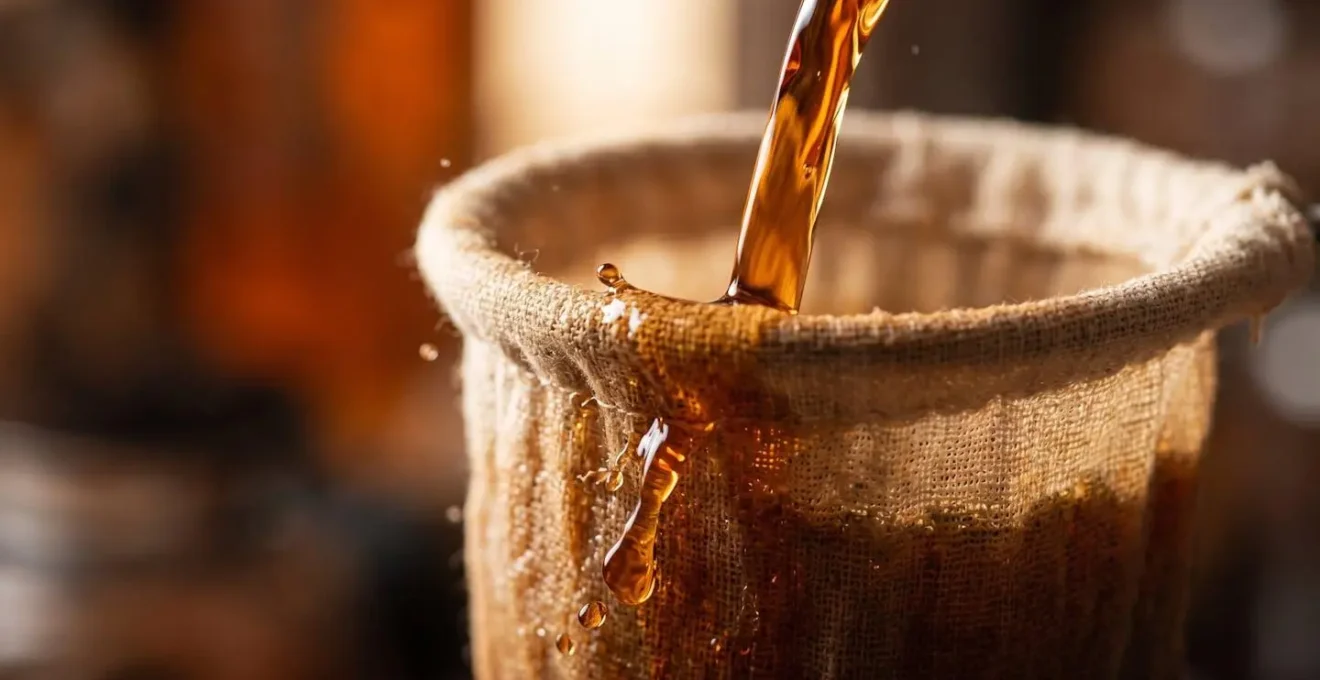Close-up macro shot of traditional tea filtering through cloth strainer