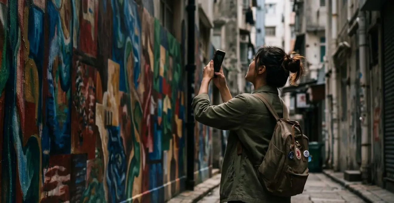 Solo traveler discovering hidden street art in a quiet Sheung Wan alley