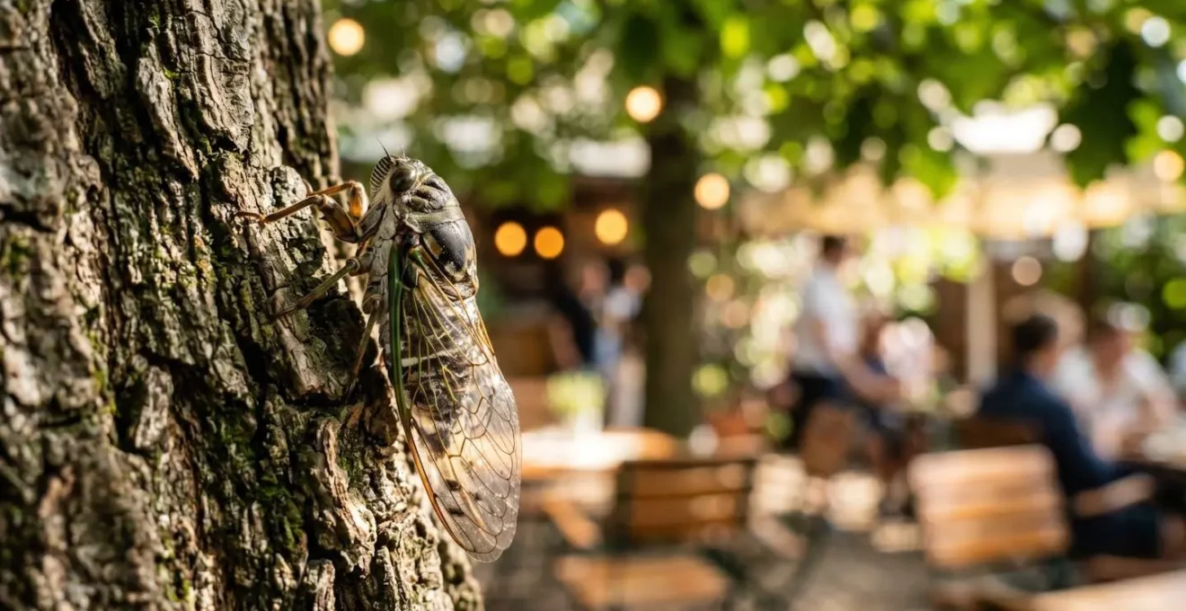 Close-up of cicadas on a tree branch with blurred cafe background
