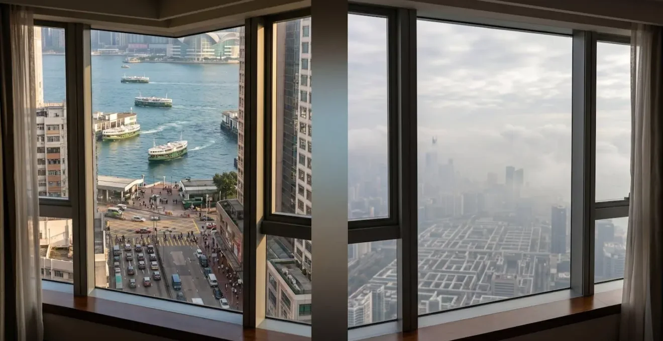 Comparative view showing city details from lower floor versus abstract skyline from high floor