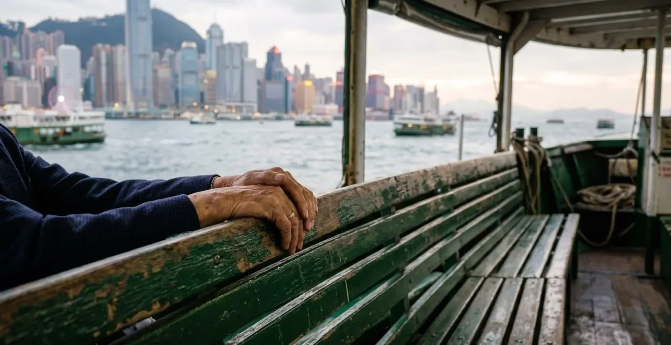 View from traditional Star Ferry wooden bench crossing Victoria Harbour
