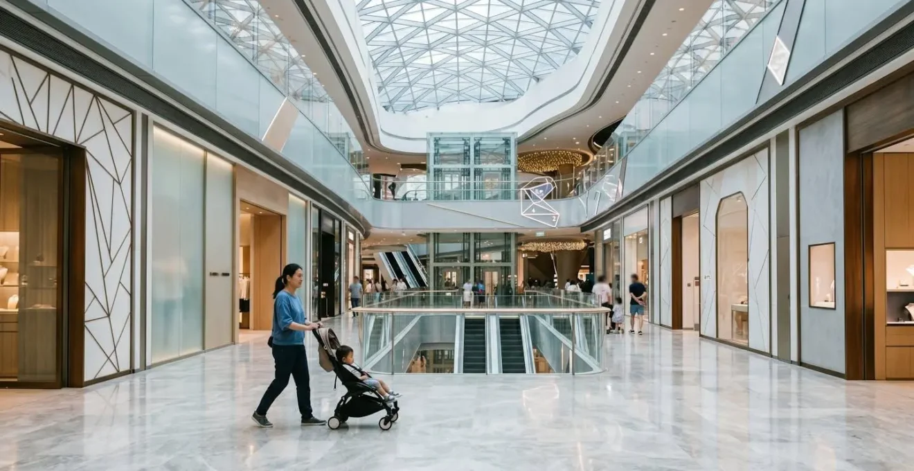 Parent navigating with a stroller through the wide, bright corridor of a modern Hong Kong shopping mall