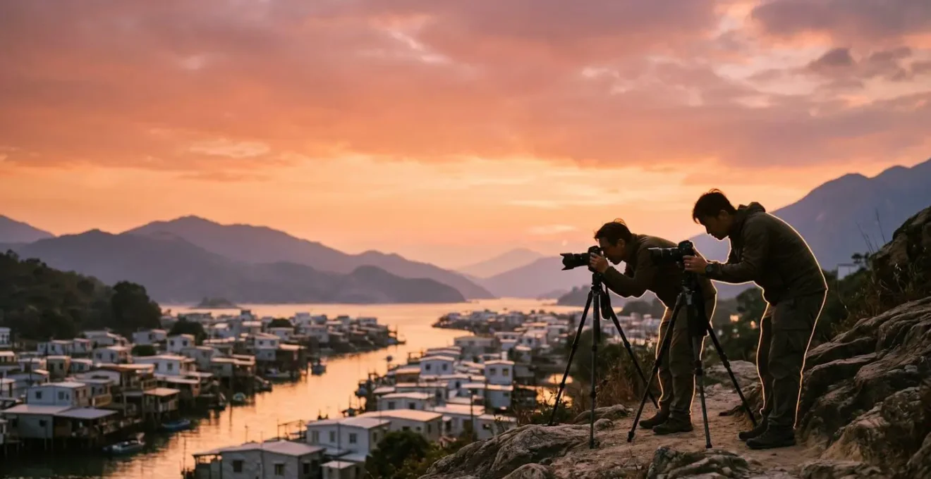 Silhouettes of photographers with tripods on a hillside, capturing the stunning golden hour sunset over Tai O fishing village.