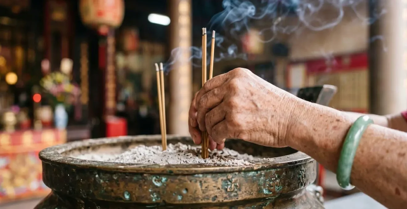 Hands placing incense sticks in traditional bronze burner at Hong Kong temple