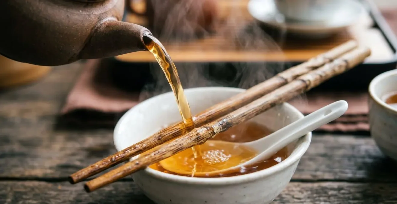 Close-up of traditional tea washing ritual for dim sum utensils showing hot tea being poured