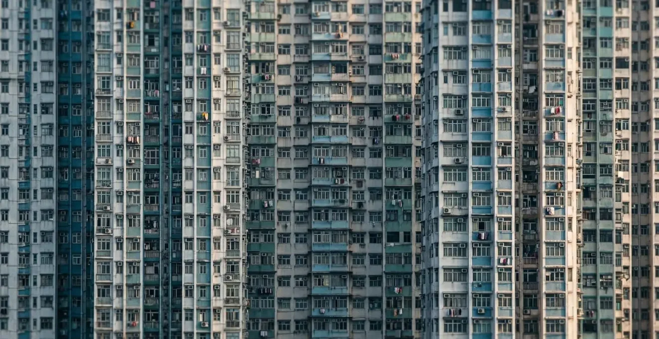 Compressed layers of Hong Kong buildings shot with telephoto lens from distance