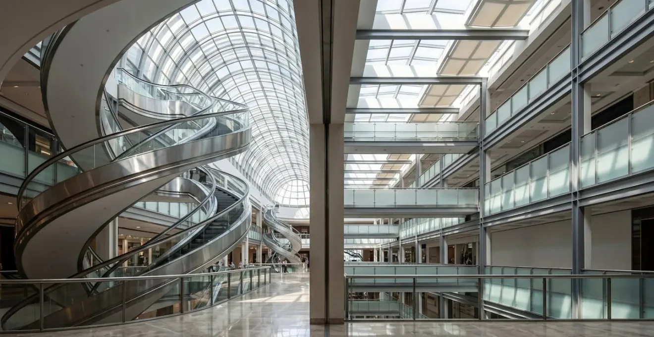 Modern shopping mall interiors with distinct architectural styles, one with curved escalators and the other with geometric patterns.