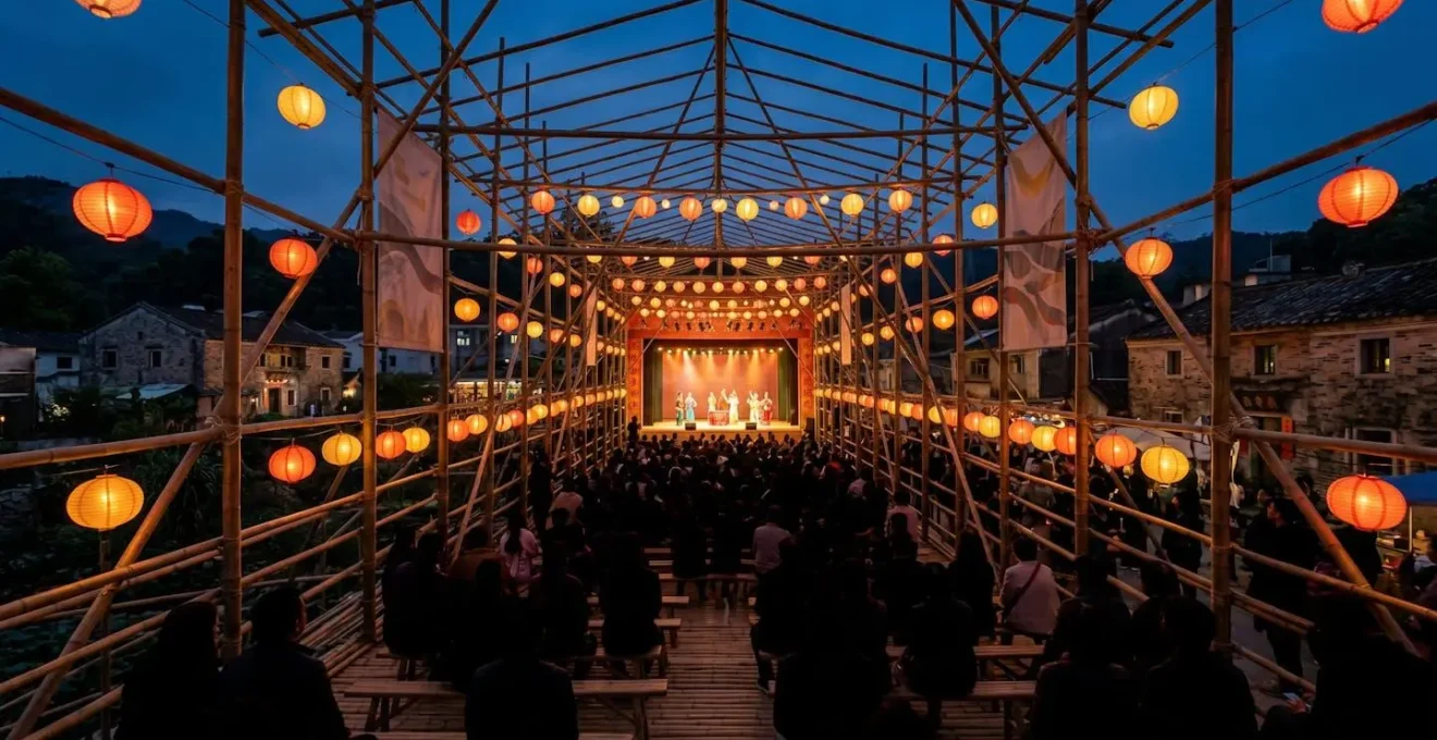 Wide shot of illuminated bamboo theatre structure at night during Hong Kong festival