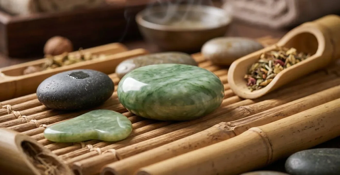 Serene spa treatment room with jade stones and bamboo elements in soft lighting