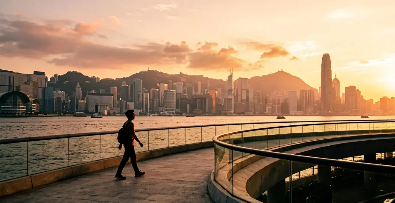 Traveler viewing Hong Kong Island skyline from TST waterfront at golden hour