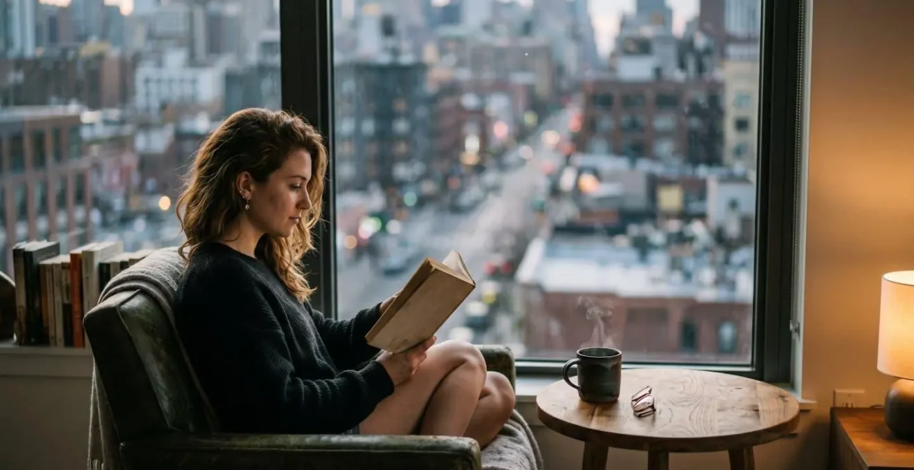 A person peacefully reading in a cozy, minimalist upper-floor cafe with a large window overlooking a softly blurred cityscape.