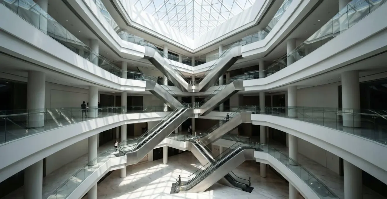 Multi-level shopping mall interior showing escalators and floor layouts