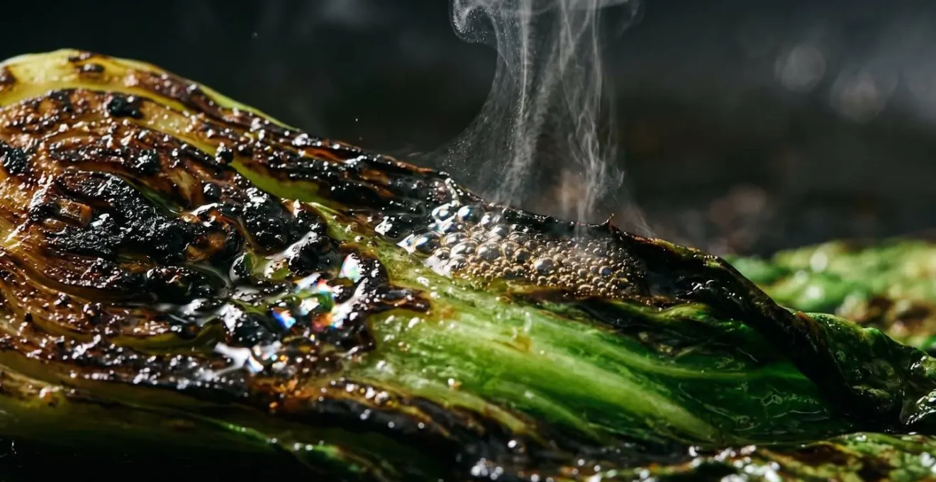 Extreme close-up of wok-charred vegetables with visible steam and caramelization