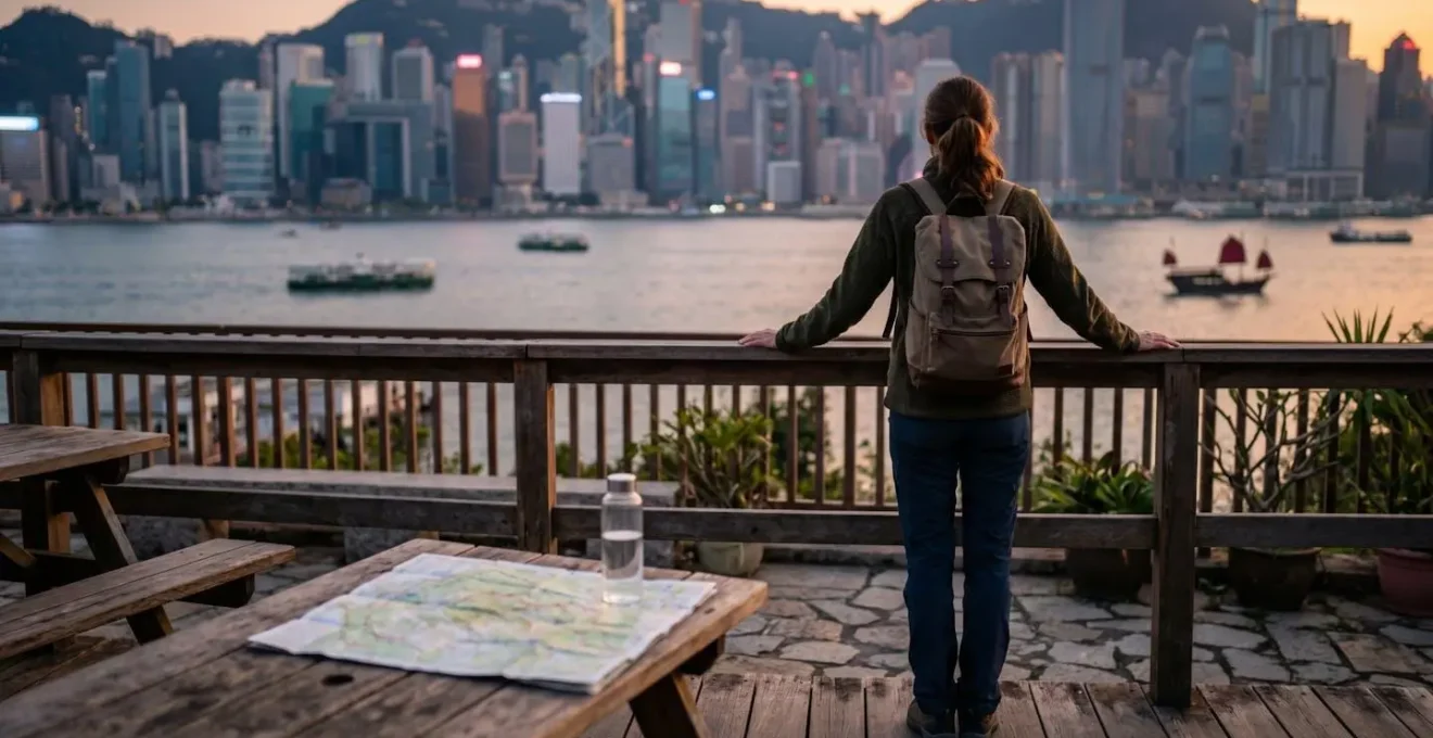 Backpacker enjoying sunset view from YHA hostel terrace overlooking Victoria Harbour