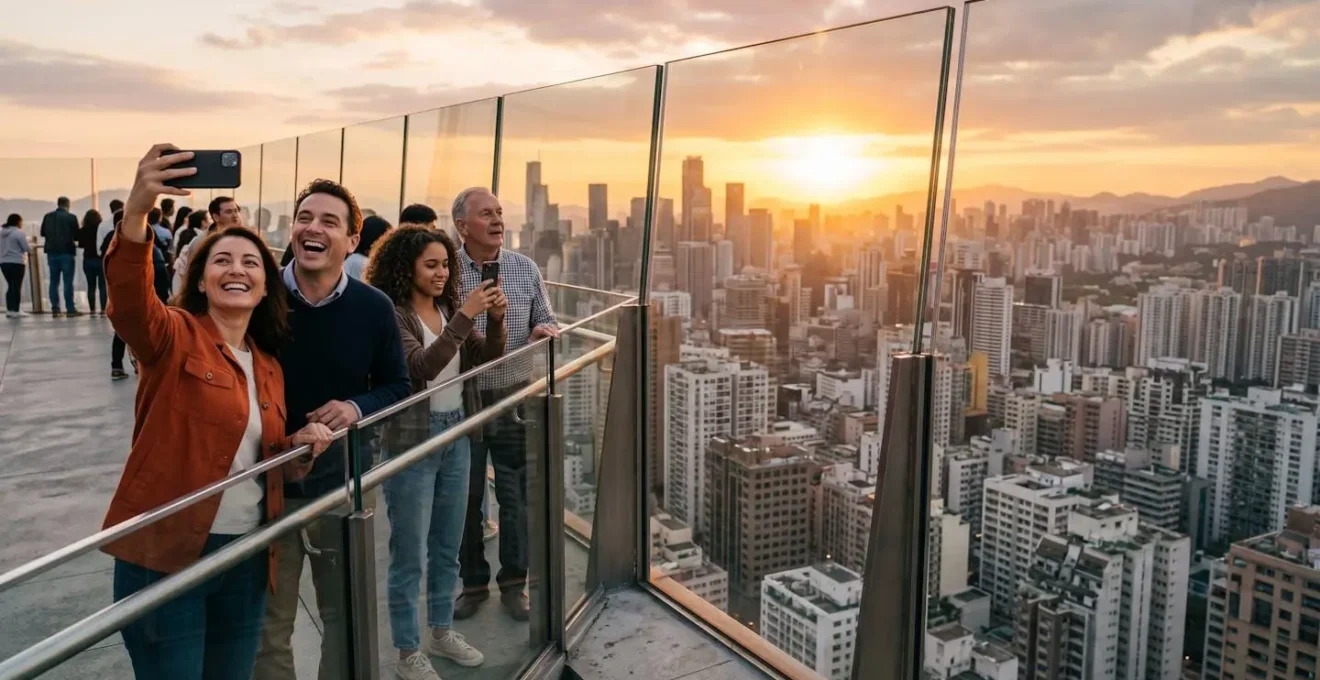 Safe observation deck with tourists enjoying city views legally