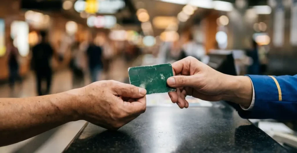 Close-up of hands exchanging Octopus card at MTR service counter with blurred station background Close-up of hands exchanging Octopus card at MTR service counter with blurred station background