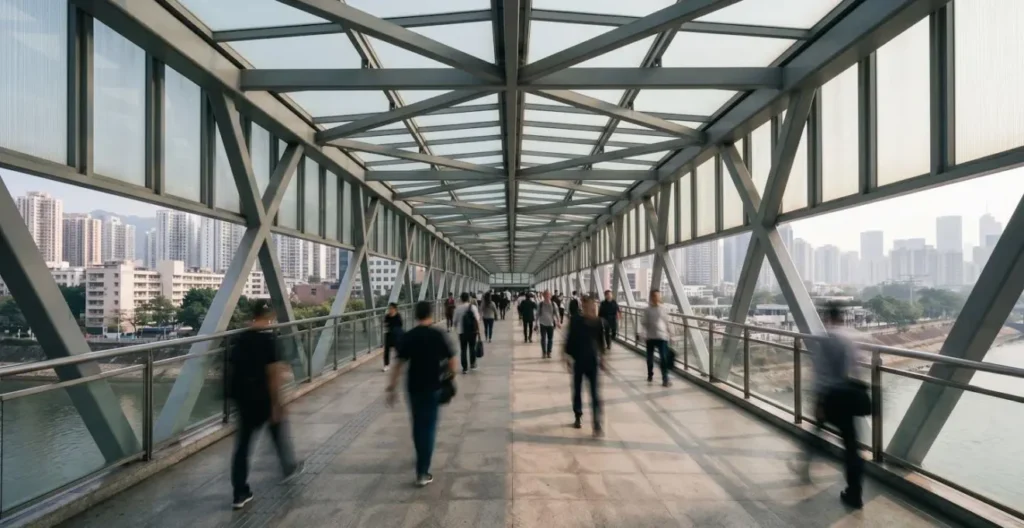 Wide architectural view of modern Lo Wu border crossing bridge with travelers in motion Wide architectural view of modern Lo Wu border crossing bridge with travelers in motion